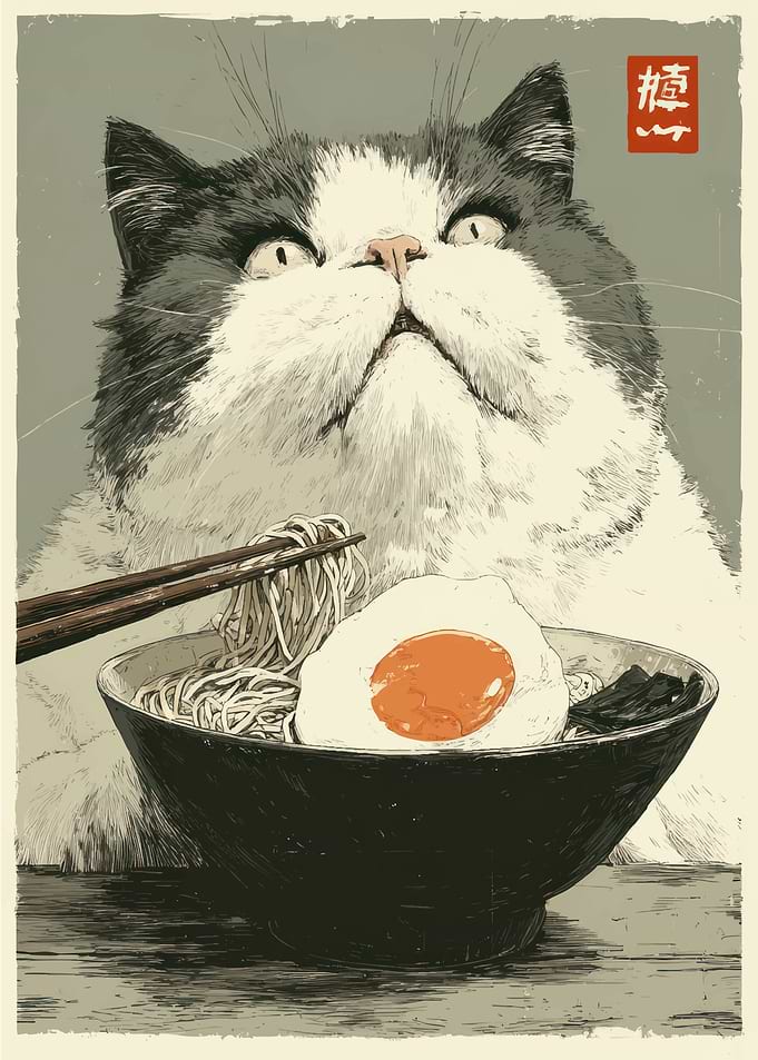 Cat with Ramen Bowl Illustration