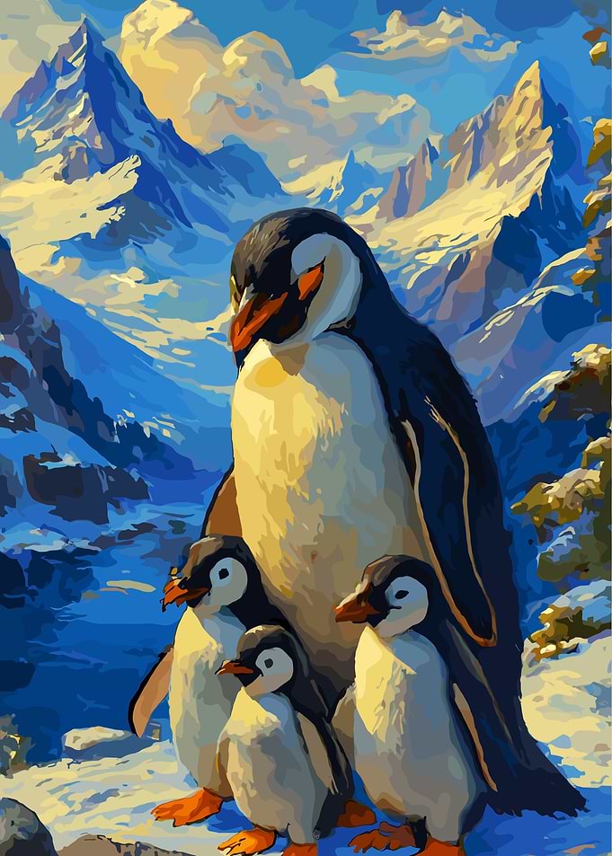 Penguin Family in Snowy Mountain Landscape