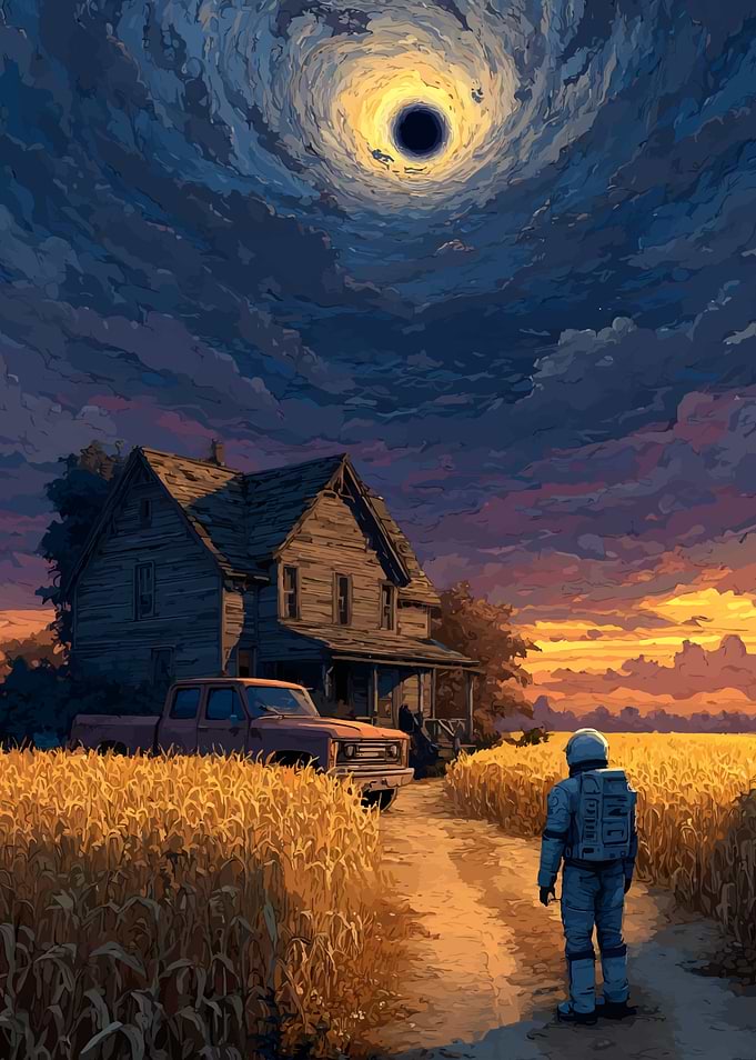 Astronaut and Farmhouse Under Cosmic Sky