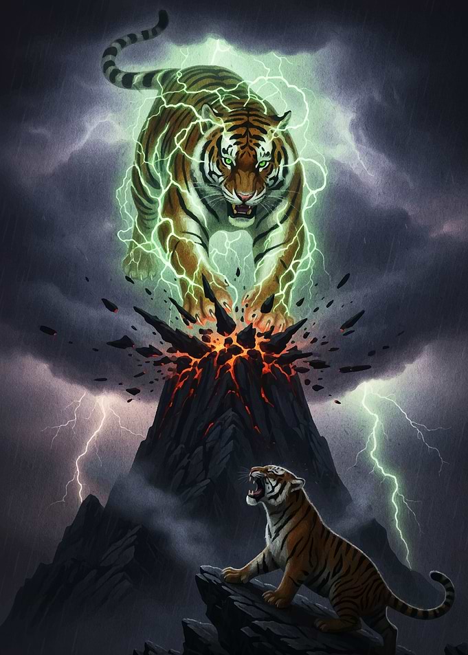 Electric Tiger Volcano Fantasy Art