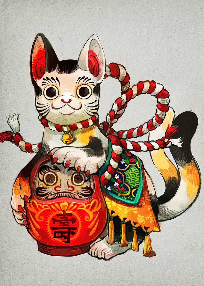 Maneki Neko with Daruma Doll