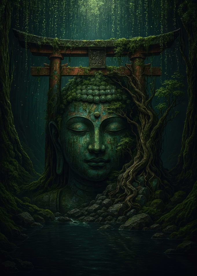 Overgrown Buddha Statue in Forest