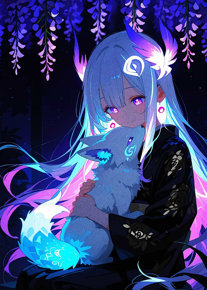 Anime Girl with Fox and Wisteria