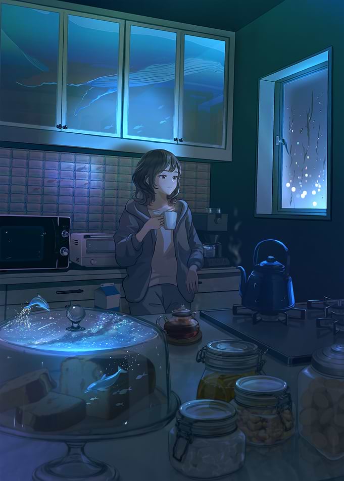 Dreamy Kitchen Scene with Girl and Tea