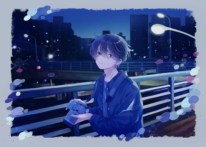 Anime Boy with Camera at Night