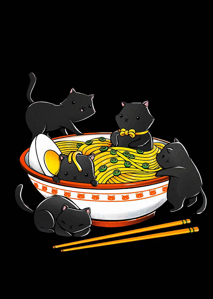 Cats in Ramen Bowl Illustration