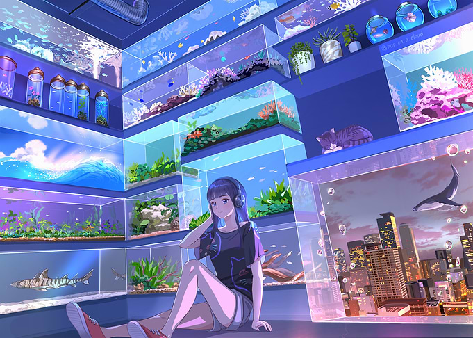 Aquarium Room with Anime Girl