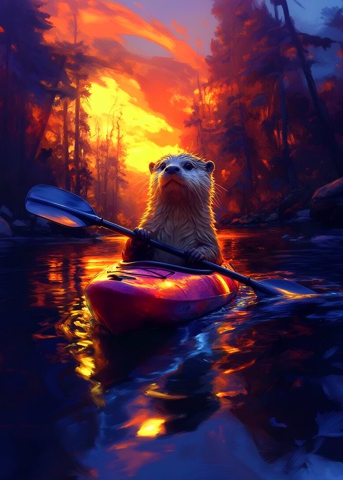 Otter kayaking at sunset
