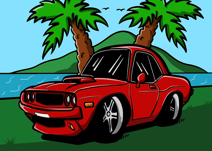 Muscle Car Cartoon Tropical Scene