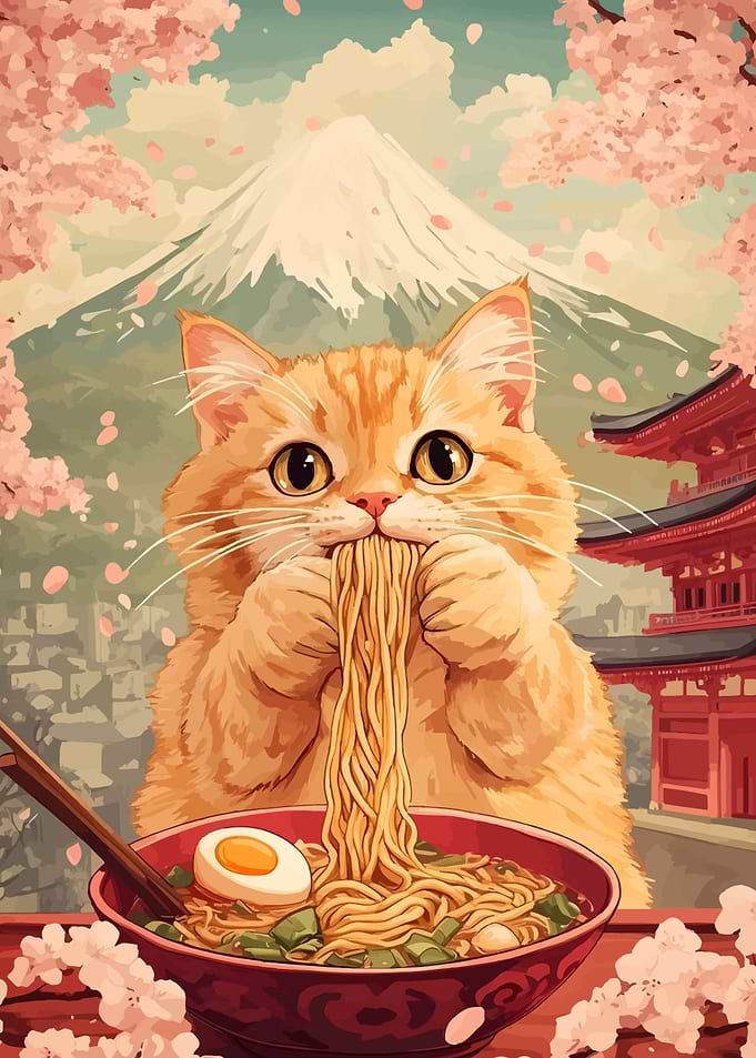 Cat eating ramen with Mount Fuji