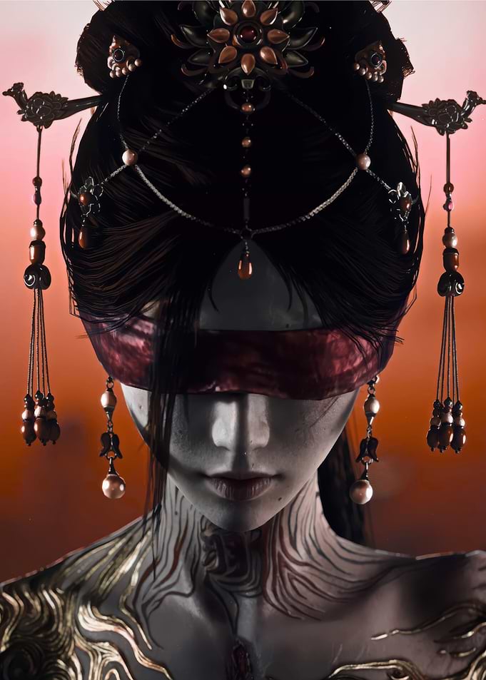 Blindfolded Woman with Ornate Headdress