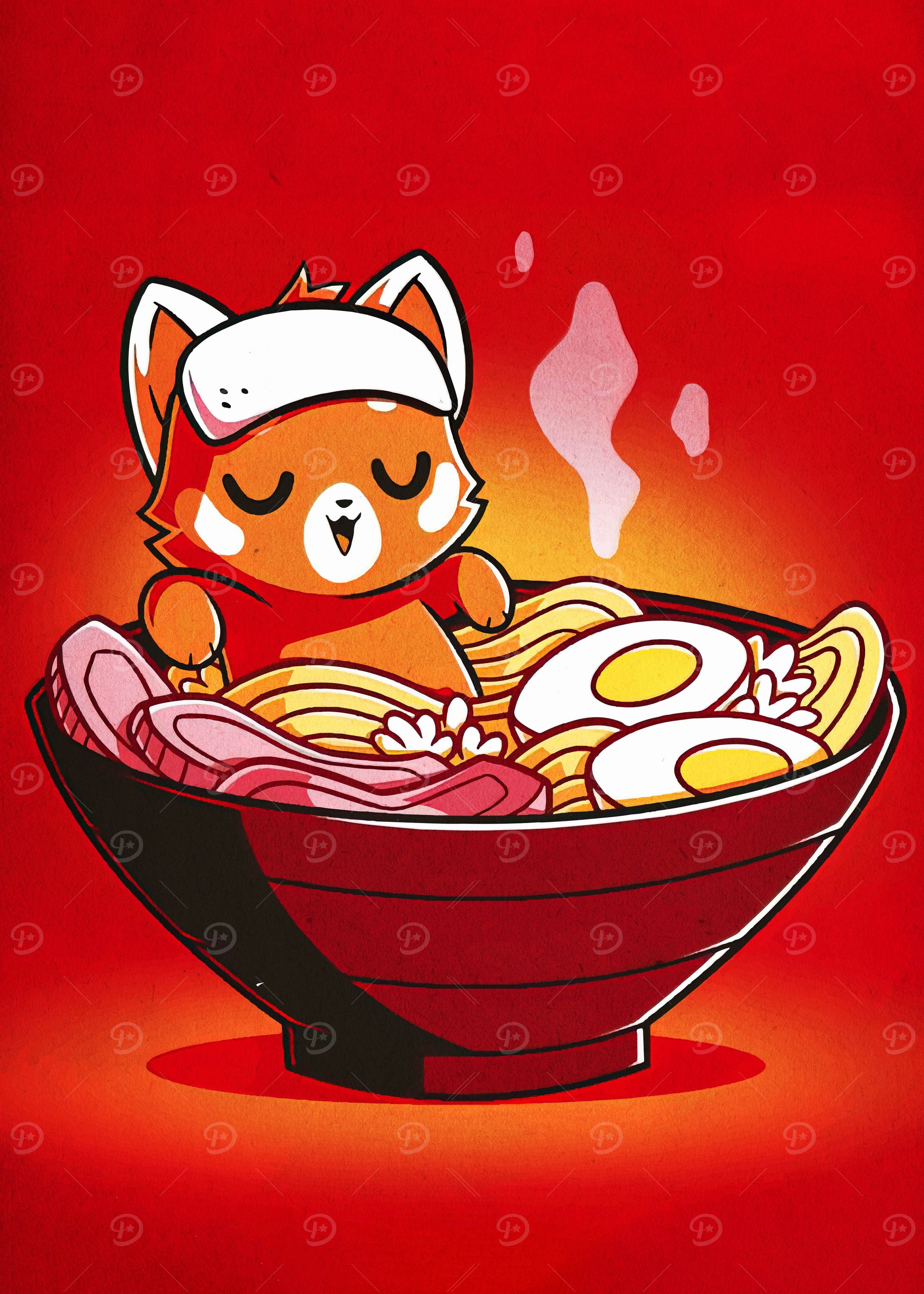 Red Panda in Ramen Bowl Illustration
