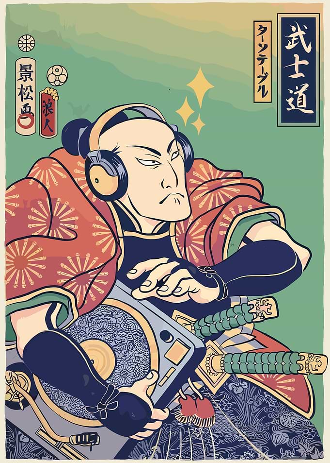 Samurai DJ Ukiyo-e Style Illustration