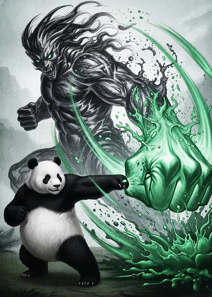Panda versus Monster with Green Punch