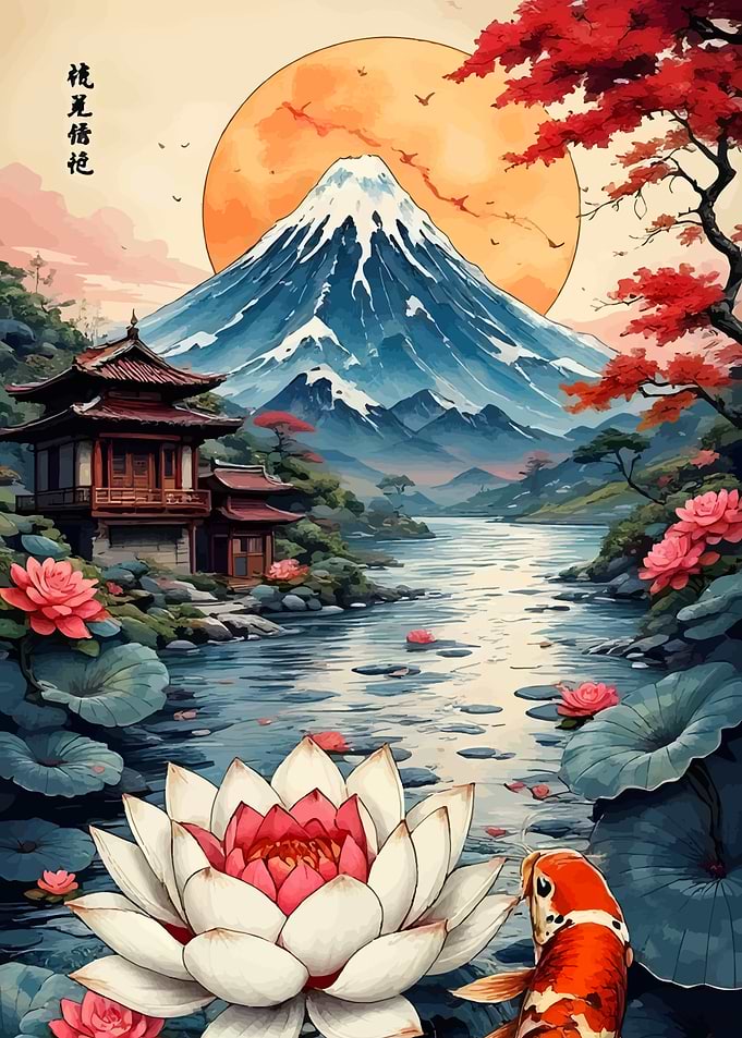 Japanese Landscape with Mount Fuji and Koi