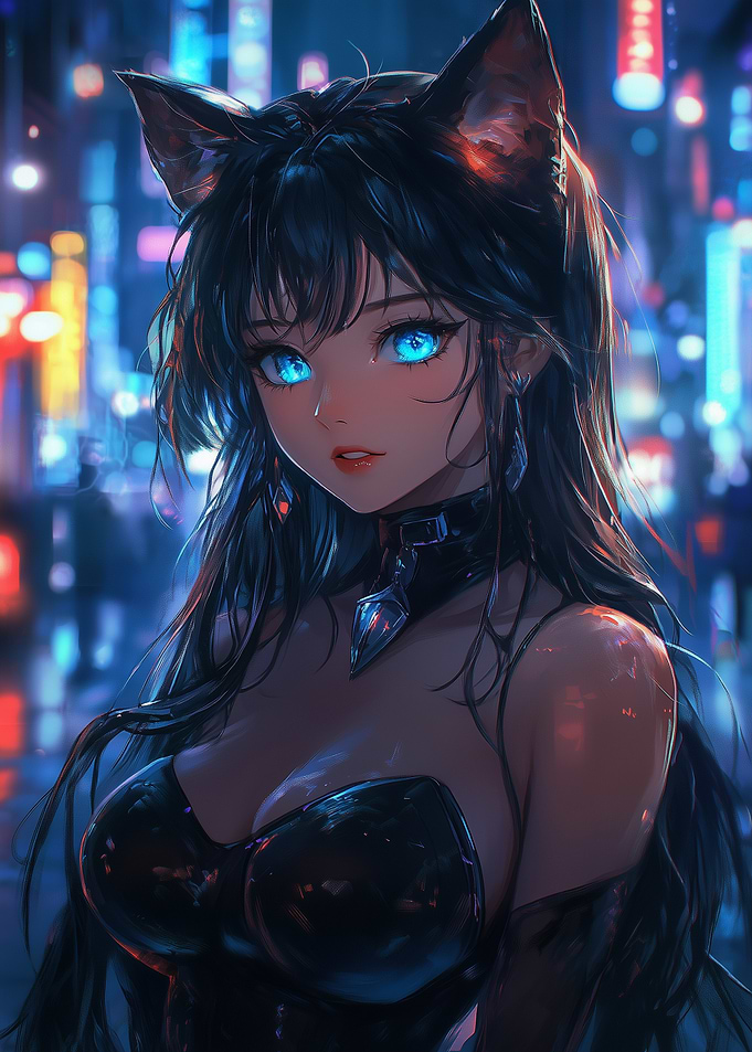 Anime Catgirl in Neon Cityscape