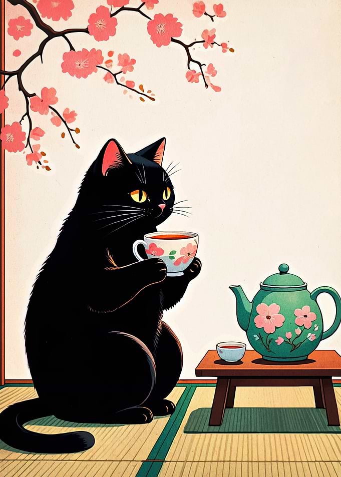 Black Cat Drinking Tea with Cherry Blossoms
