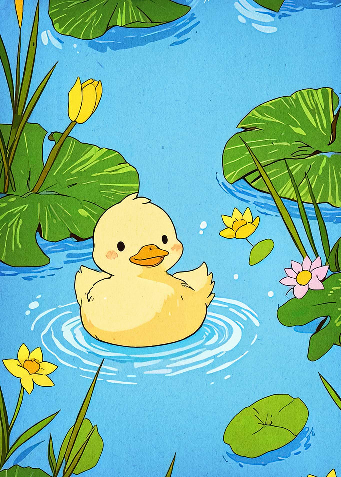 Cute Duckling in a Pond Illustration
