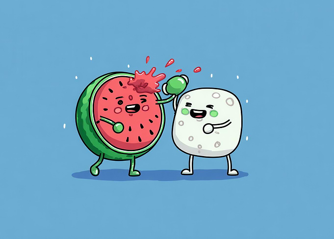 Cartoon Watermelon and Mochi Boxing Match