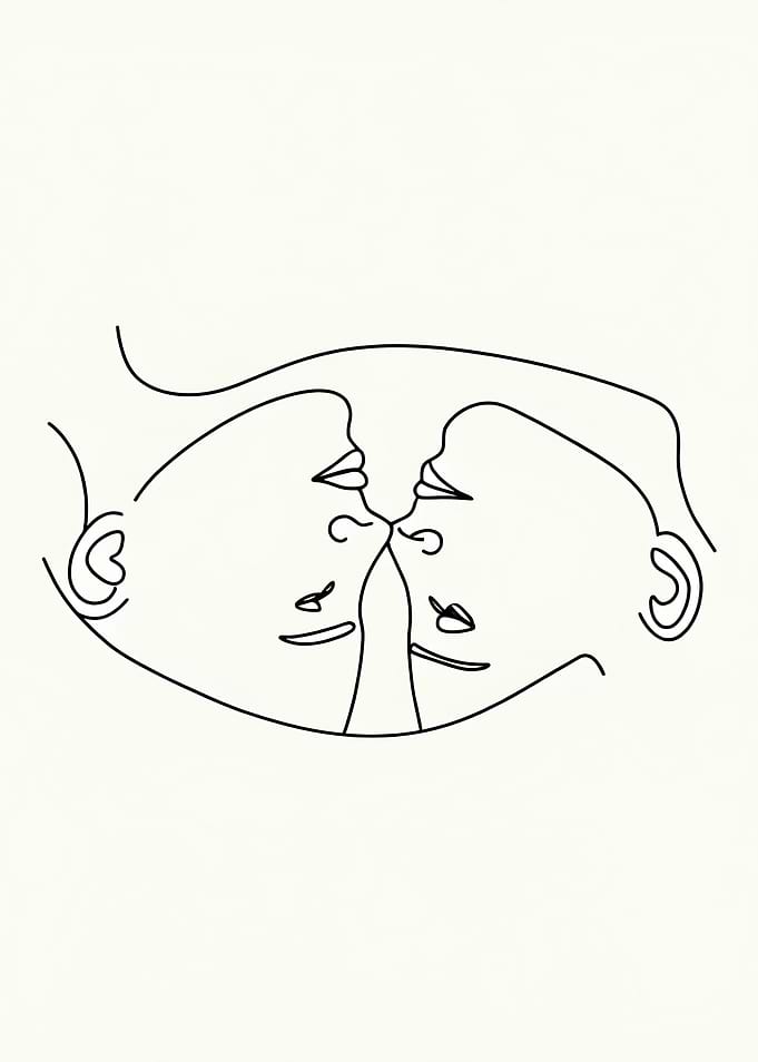 Minimalist Kissing Faces Line Art
