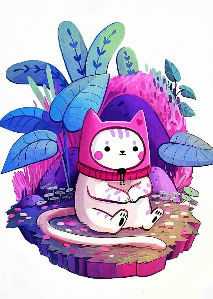 Cute Hooded Cat in Fantasy Landscape
