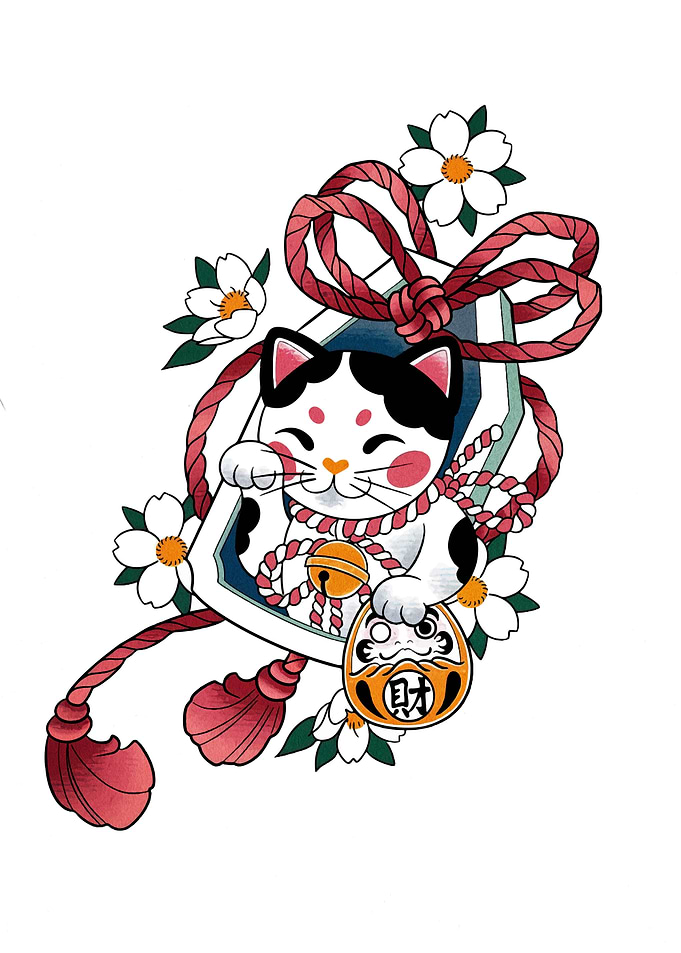 Maneki Neko with Daruma and Flowers