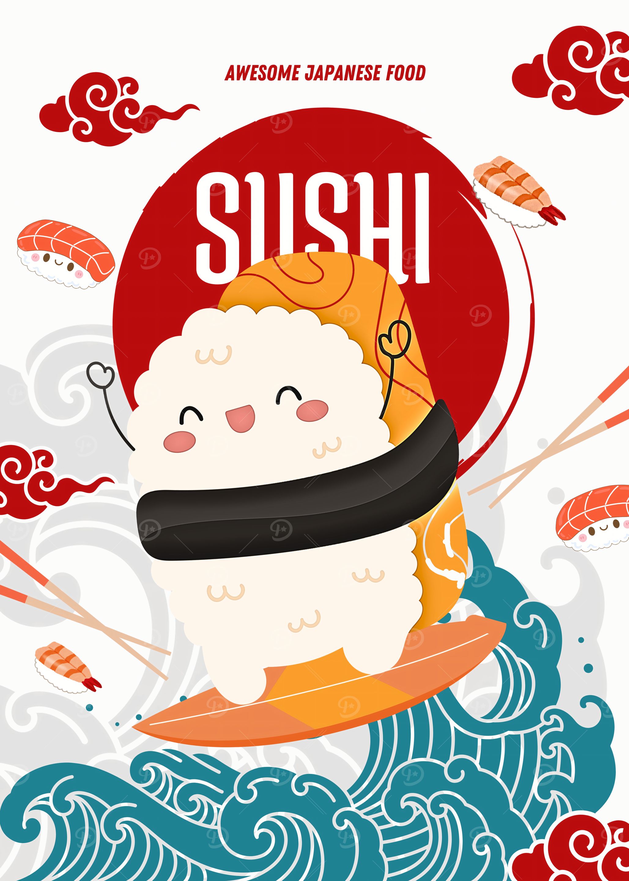 Cute Sushi Surfing Illustration