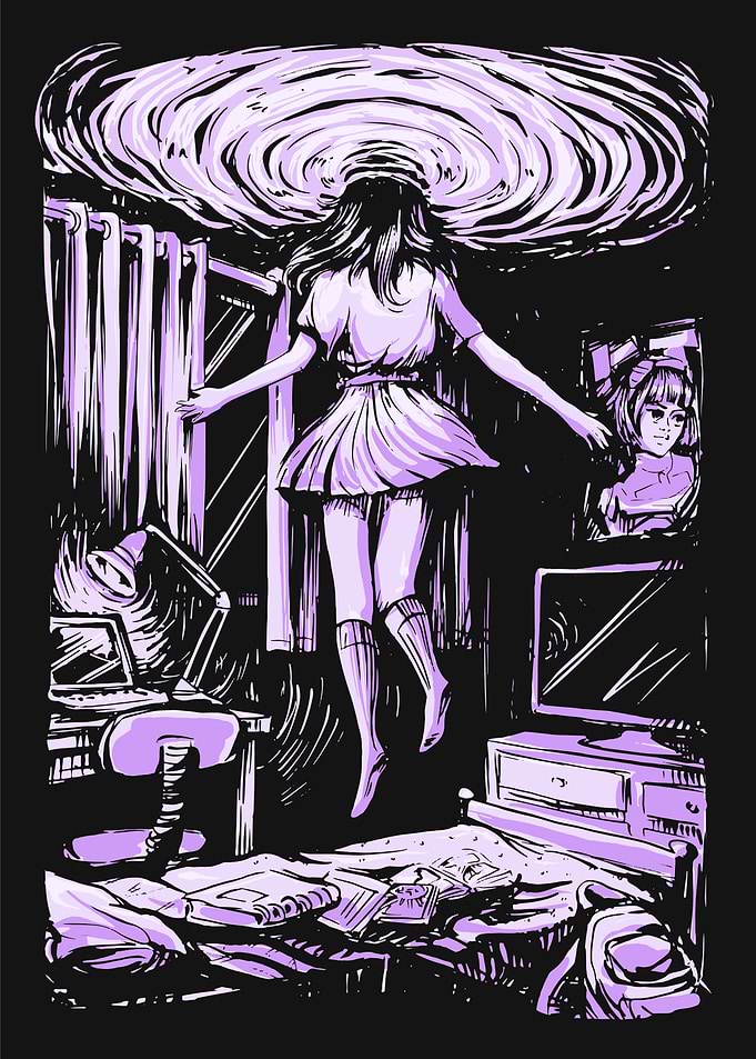 Levitating Girl in Room with Vortex