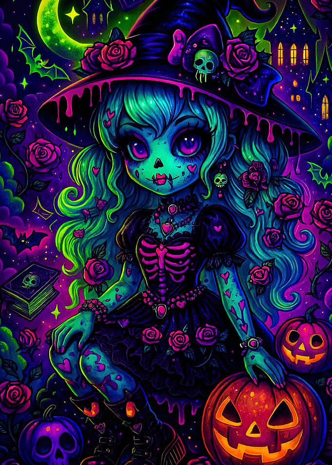 Neon Halloween Witch with Pumpkins