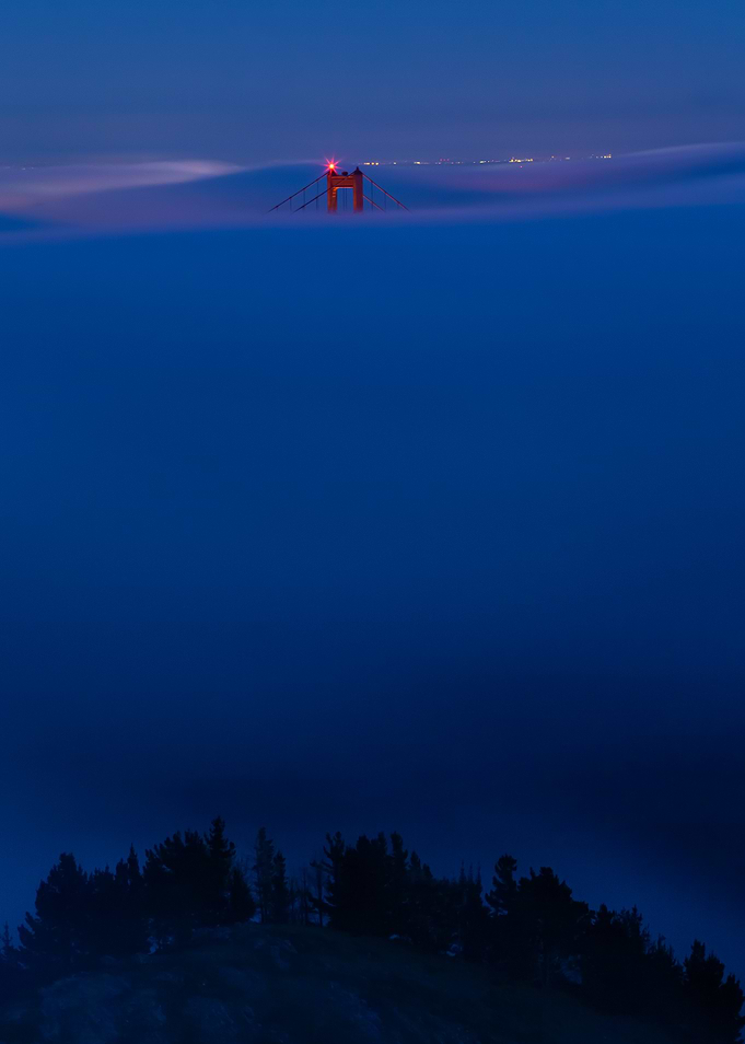 Golden Gate Bridge in Fog at Night