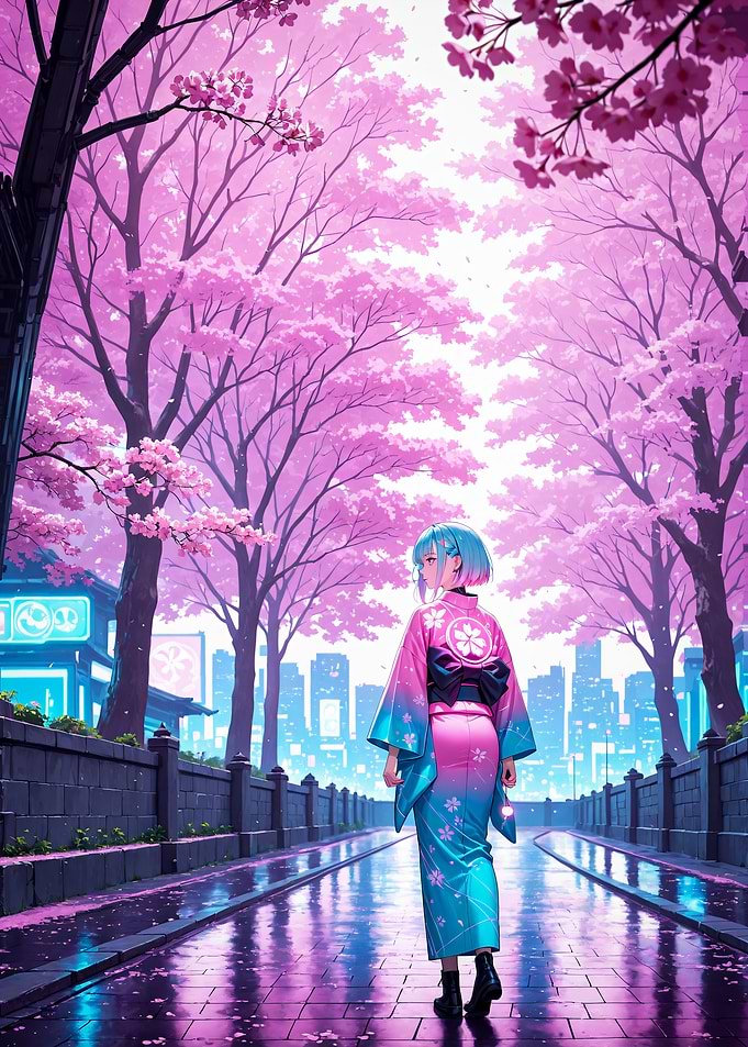 Anime Girl in Kimono Under Cherry Blossoms Japan