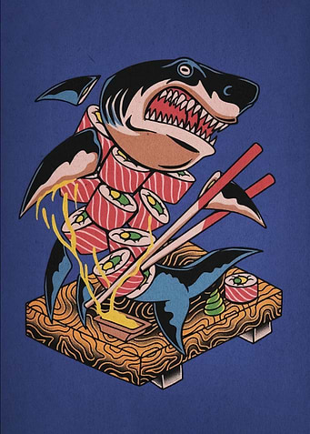 Sushi Shark Illustration on Blue Background