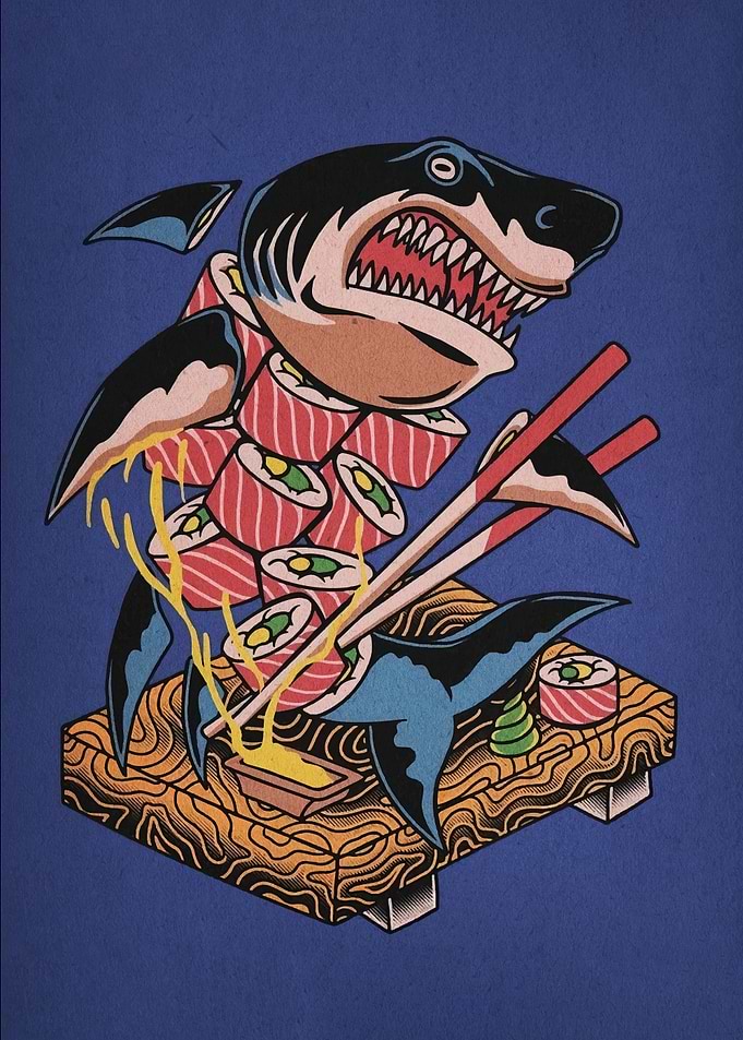 Sushi Shark Illustration on Blue Background