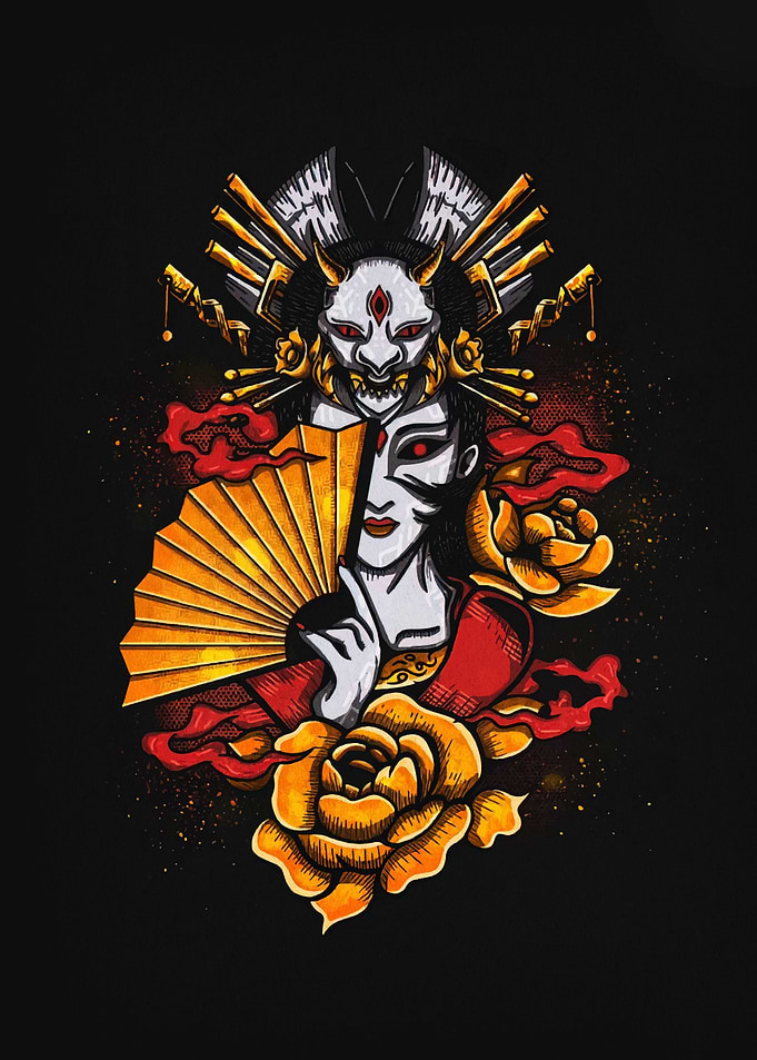 Geisha with Oni Mask and Roses