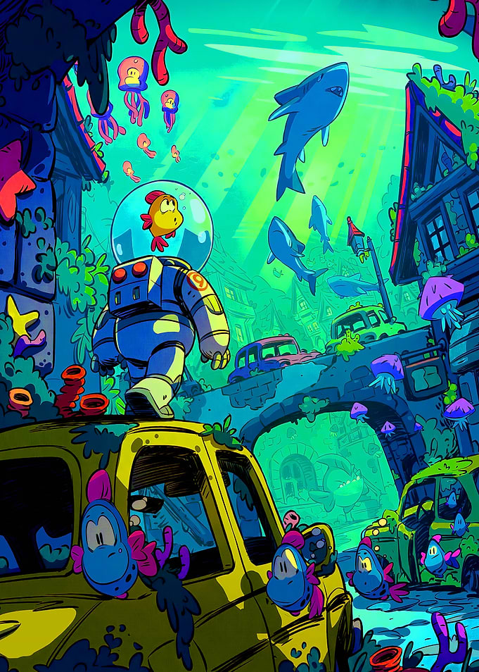 Underwater Cityscape with Astronaut Fish