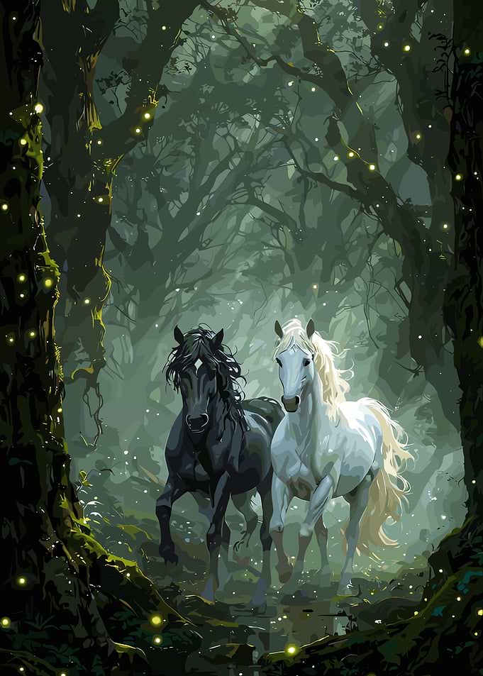 Black and White Horses in Forest