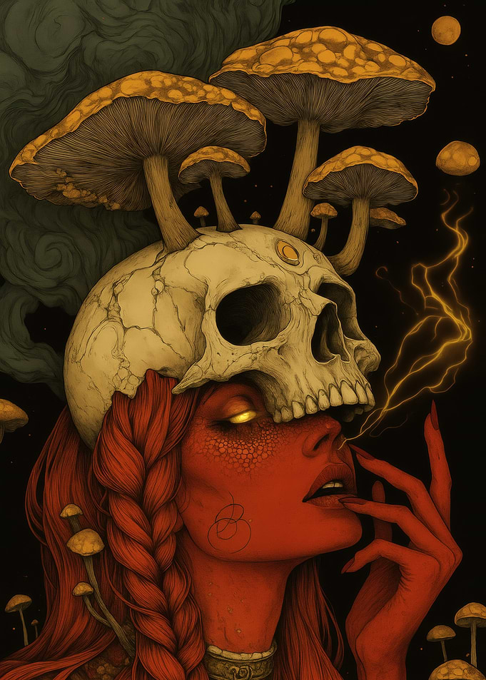 Red-skinned woman with skull and mushrooms