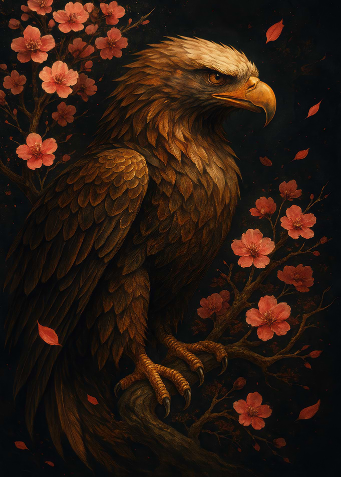 Eagle among cherry blossoms