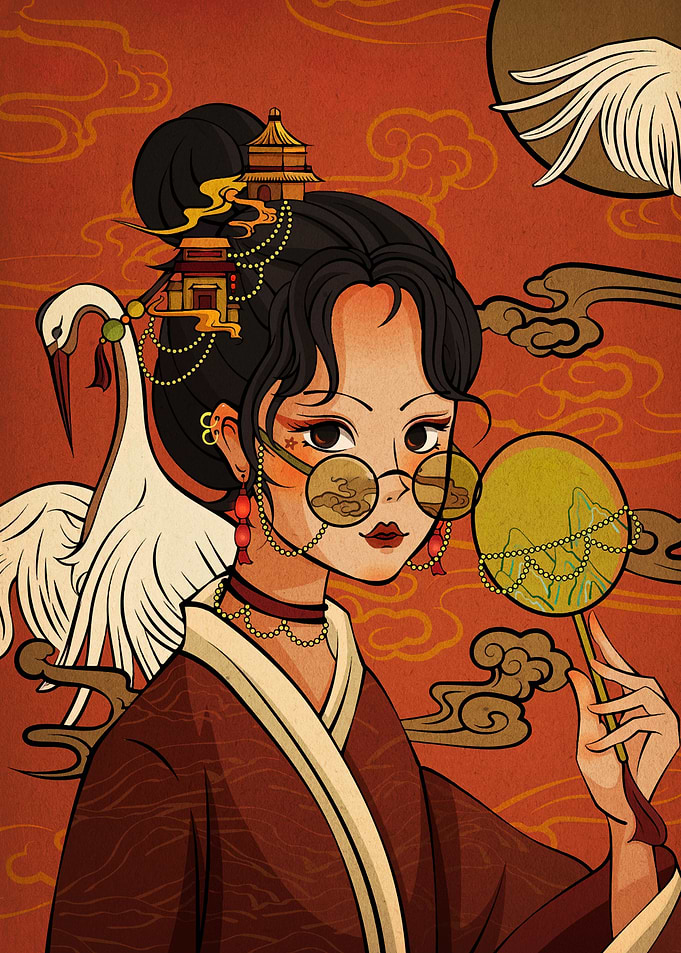 Asian-inspired woman with crane and fan