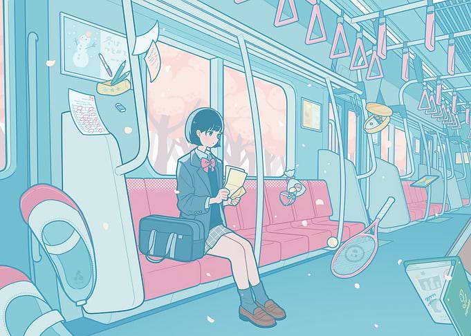 Anime Girl on Train with Objects