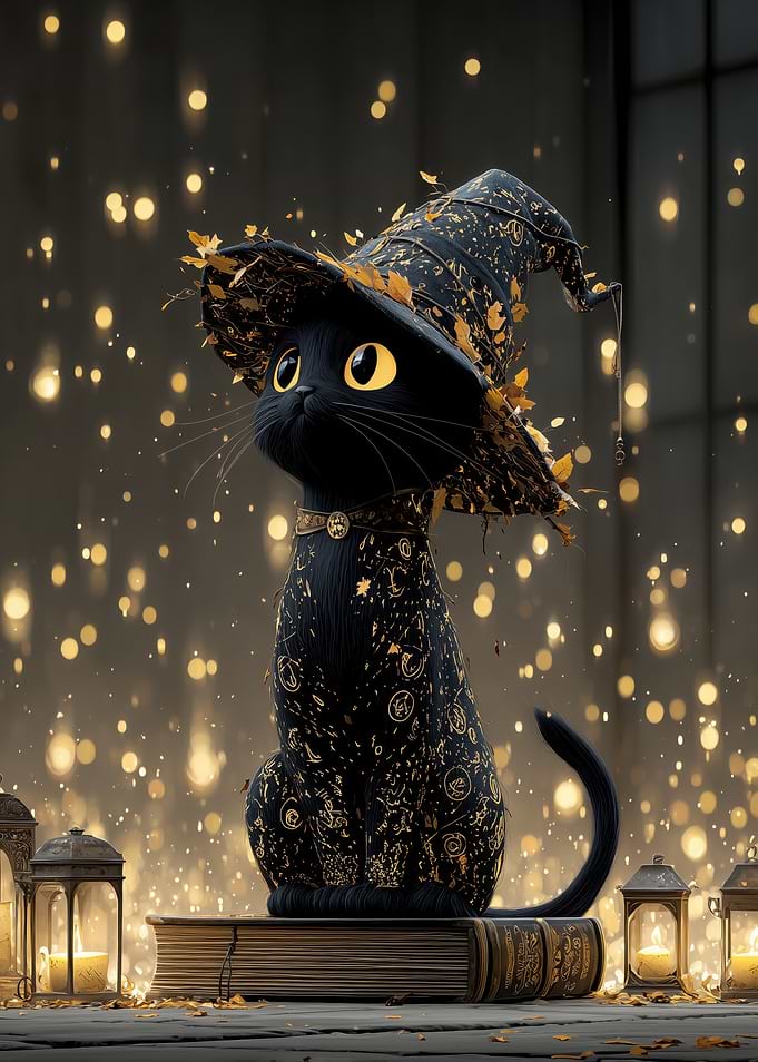 Black cat wearing a witch hat