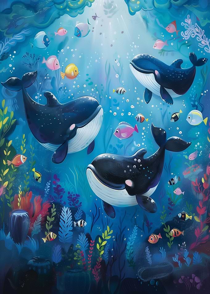 Whales and Fish Underwater Illustration