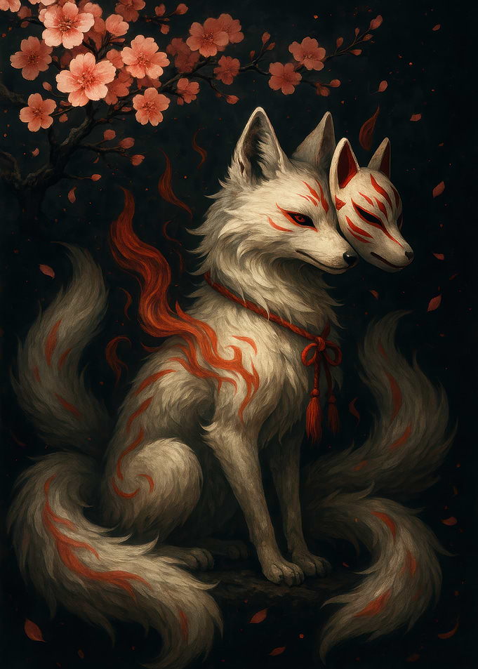 Kitsune with Mask and Cherry Blossoms