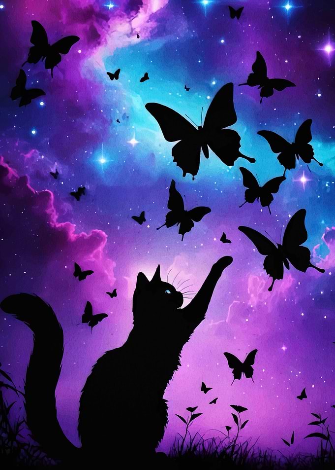 Cat Reaching for Butterflies in Space