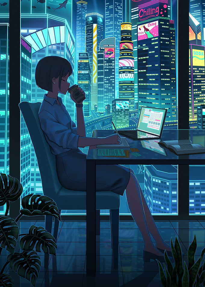Cyberpunk Cityscape with Woman and Laptop