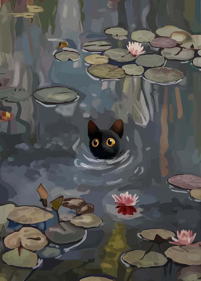 Black Cat in Lily Pond Painting