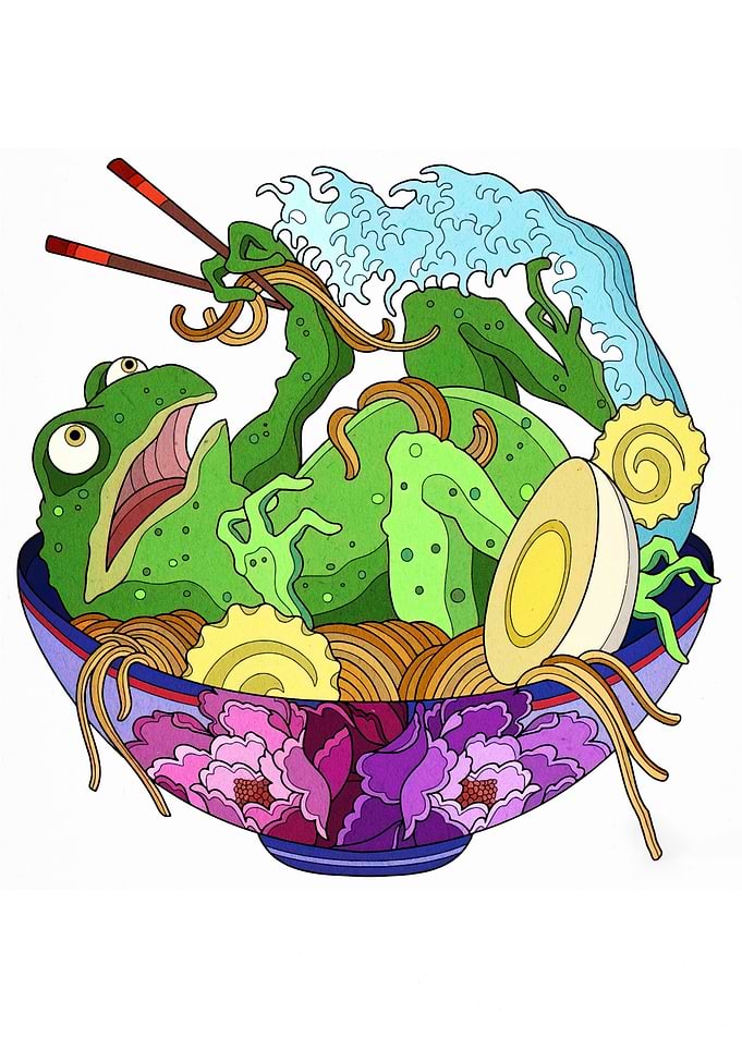 Frog in Ramen Bowl Illustration