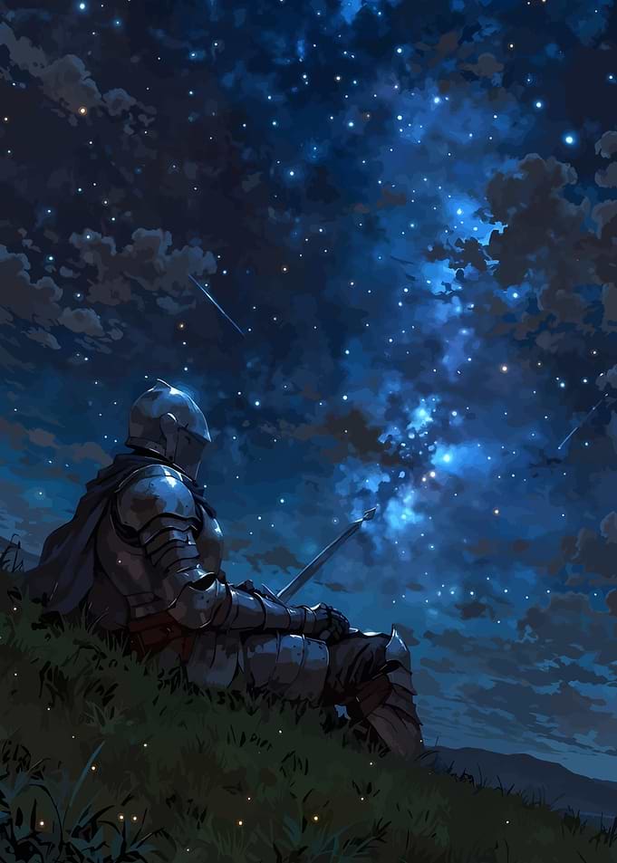 Knight Under Starry Night Sky