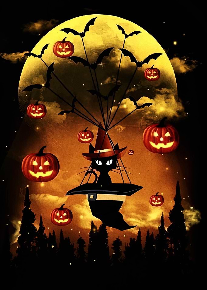 Halloween Cat Witch with Pumpkins and Bats