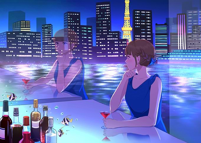 Anime Girl at Night City Bar
